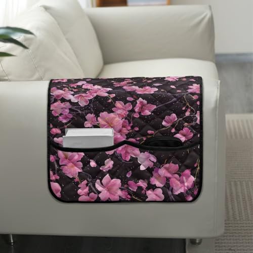Cherry Blossom Print Armrest Cover for Sofa Non-Slip Diamond Pattern Arm Covers for Recliner Washable Furniture Protectors with 2 Pockets Anti-Scratch Chairs Arm Covers - color: Cherry Blossom