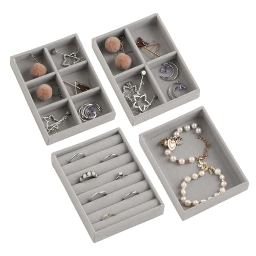 Frebeauty Small Jewelry Tray Set,Stackable Velvet Jewelry Organizer Tray,Mini Jewelry Drawer Organizer,Drawer Inserts,4.92 x 3.74 x 0.9 Inches,Earring Organizer for Women(Set 4,Grey) - color: Grey, size: Set 4