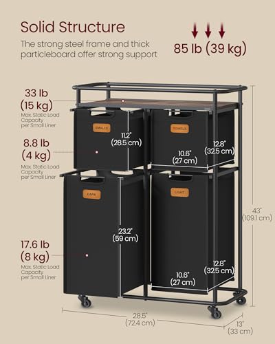 VASAGLE Laundry Sorter, Laundry Hamper with Wheels, 39.6 Gal. (150 L) Portable Rolling Cart Baskets with Shelf, 4 Removable Liners and 6 Labels, Ink Black and Chestnut Brown URLS100B01 - size: 4 Bags