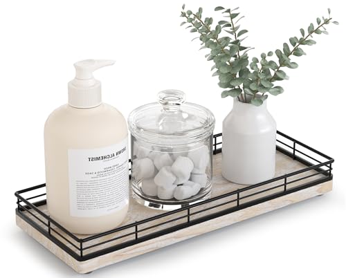 Bathroom Tray for Counter Top Organizer – Ash Wood Vanity Tray with Metal Frame for Dresser, Kitchen, Nightstand – Black & Whitewashed Decorative Storage - color: Black & Whitewashed, size: 11" x 4.5" x 1.5"