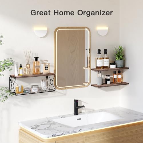 Amada Bathroom Shelves Over Toilet with Storage Basket, Floating Wall Shelf for Home Organization & Wall Decor, Bathroom/Kitchen/Living Room Shelves–Rustic Brown - color: Dark Carbonized Brown