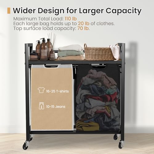 SwaaVee Laundry Hamper, Laundry Basket, Laundry Sorter with 2 Removable Bags, Clothes Basket with 2 Compartments, Wheels, Shelf for Laundry Room Bathroom Bedroom (2 Bags-Black Grey) - color: 2 Bags-Black Grey