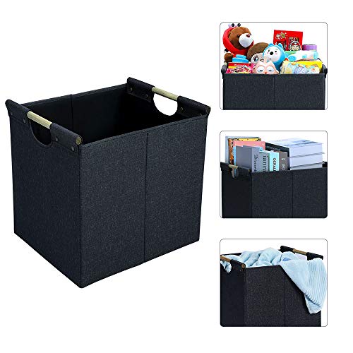 HOONEX Collapsible Storage Bins, 13x13x13in Storage Cubes Linen Fabric, 3 Pack, Storage Baskets with Wooden Carry Handles and Sturdy Heavy Cardboard, for Home, Office, Car, Nursery, Dark Grey - color: Dark Grey, size: 13" L x 13" W x 13" H
