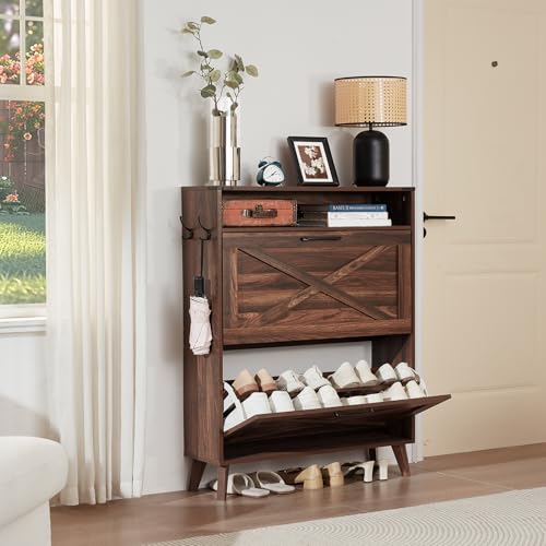 Joaxswe Shoe Cabinet Storage for Entryway with 2 Flip Drawers 2 Hook Open Storage Layer Rack Narrow Organizer Slim Hidden Wood Shoe Cabinet Furniture Walnut - color: Walnut