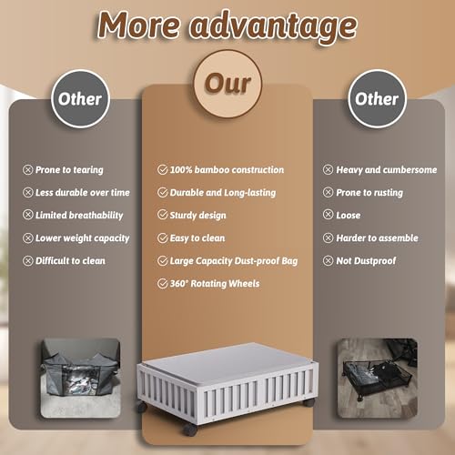 Bamboo Under Bed Storage Containers with Wheels, 2 Pack Under the Bed Shoe Storage Bins, Wood Rolling Underbed Drawers Organizer for Bedroom, Closet, Clothes Blanket Comforter and Under Crib Toy White - color: White, size: 2 PCS (23.62"×16.54")