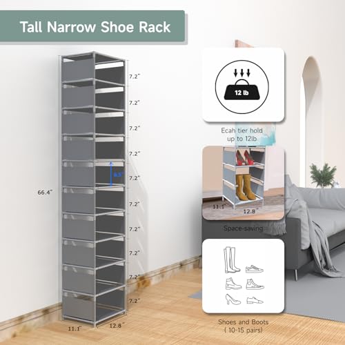 10 Tier Vertical Shoe Rack - Grey Narrow Shoe Rack for Closet & Entryway, Space Saving Tall Shoe Organizer for Small Spaces, Sturdy Skinny Shoe Tower Stand for Boots & Heels, Grey - color: Grey