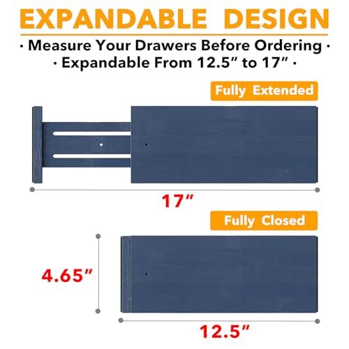 SpaceAid Bamboo Dresser Drawer Dividers 6 Pack, 4.65“ High Adjustable 12.5“-17” Drawer Organizers, Expandable Organization for Clothing, Clothes, Dressers, Navy Blue - color: NAVY BLUE, size: 4.65''H, 12.5''-17''L