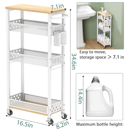 Slim Storage Cart 4 Tier Laundry Cart with Wheels, Narrow Metal Kitchen Rolling Carts Bathroom Organizers Storage Shelf with Wood Rack and Handle for Small Space - color: White