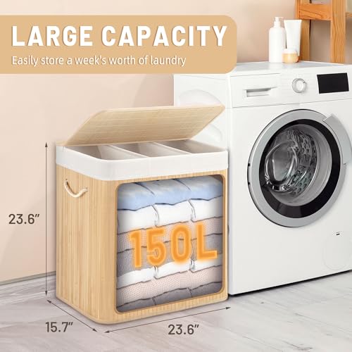 Aliphon 150L Laundry Hamper with lid, 3-Section Clothes Laundry Basket with Handles, Large Collapsible Bamboo Baskets for Bedroom, Bathroom, Dorm, Natural Beige - color: Natural Beige, size: 150L
