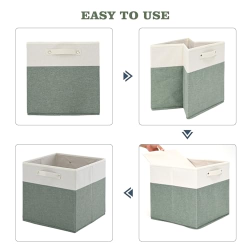 FinishingBo 13 x 13 Inch Fine Linen Storage Bins with Handles，Fabric Cube Boxs，Basket Organizers for Shelves for Home, Closet Drawers (White/Green-4 Pack ) - color: White/Green-4 Pack