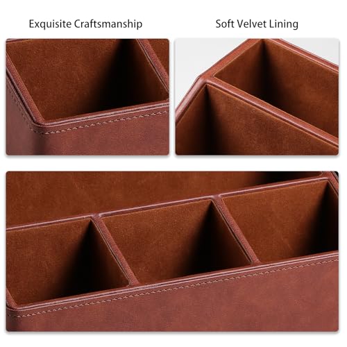 Remote Control Holder with 5 Compartments for Office Art Supplies, PU Leather Nightstand Organizer Pencil Pen Desk Caddy for Home, Desktop TV Remote Control Organizer Storage (Brown) - color: Brown
