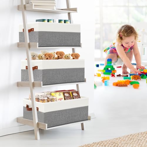 6 Pack Closet Storage Bins, Storage Baskets for Shelves, Linen Closet Organizers and Storage with Leather Handles for Clothes,Towels, Sheets, Jeans, Toys, Books (Grey and White) - style: 6 Pack Grey & White