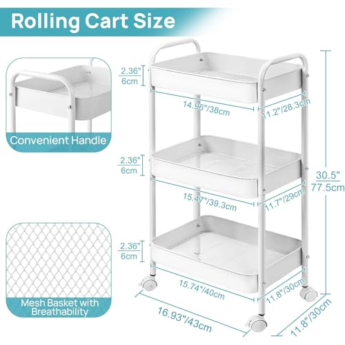 3 Tier Metal Rolling Cart, Heavy Duty Utility Storage Organizer with Lockable Wheels, Mobile Utility Cart for Livingroom, Bathroom, Kitchen, & Narrow Places, White