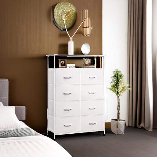WLIVE Fabric Dresser for Bedroom with Open Shelves, Tall White Dressers with 8 Drawers, Storage Tower with Fabric Bins, Chest of Drawers for Closet, Hallway - color: White, style: Raised Shelves