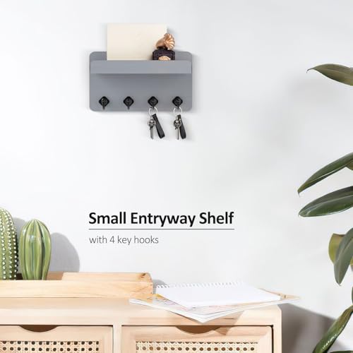 Nekon Key Holder Wall Mount, 8.5 Inch Small Home Decor Wooden Wall Organizer with 4 Hooks and Shelf, Key and Mail Holder for Living Room Entryway Kitchen (Gray) - color: Gray