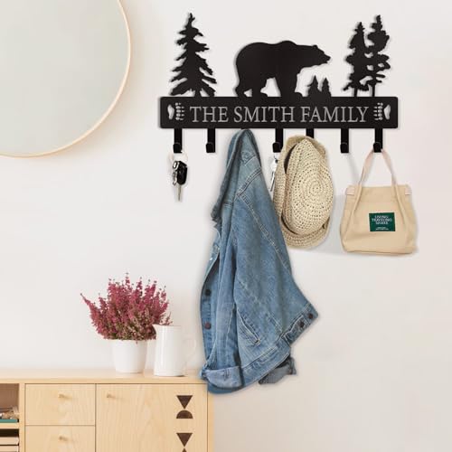 Dyoart Personalized Key Holder for Wall, Custom Metal Black Bear Coat Hook Key Holder with Name, Metal Key Rack Hanger Organizer for Entryway, Front Door, Hallway, Kitchen, Office Decor - color: 02 Bear