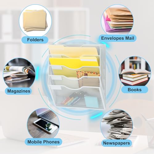 EASEPRES Magnetic 5 Pocket Mesh Hanging File Organizer, Wall Mounted Mail Paper Document Folder Holder, Clipboard Storage Organization Magazine Rack with Nametag Label for Office Home School, White - color: White, size: 5 Tier Magnetic