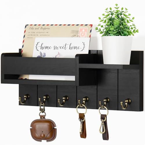 RelaxScene Key Holder Wall Mount - Decorative Key Rack and Mail Organizer with 6 Key Hooks - Wooden Key Hanger with Shelf for Living Room Decor - Rustic Farmhouse Home Entryway Aesthetic Essentials - color: Black, size: M(12''x4.8'')