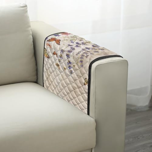 Butterfly Daisy Lavender Print Couch Arm Covers Dust Proof Recliner Armrest Organizer Polyester Sofa Arm Covers with 2 Side Storage Pocket for Magazine, Remote, Phone, Books - color: Butterfly Daisy Lavender