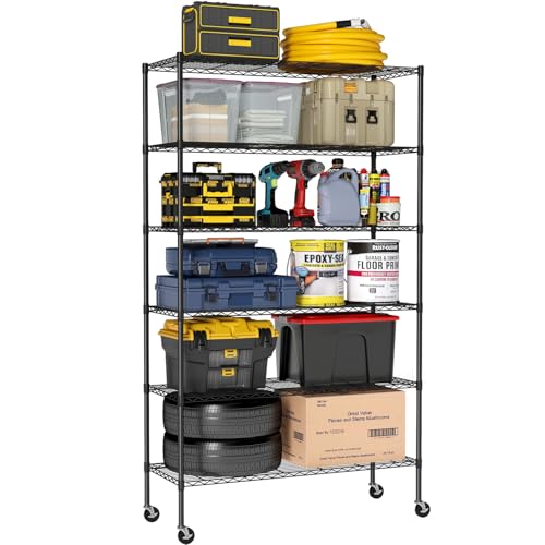 BestOffice Storage Shelves 6 Tier Metal Shelves Adjustable Garage Shelving Wire Shelving Unit Capacity 2100LBS with Wheels for Kitchen, Garage Pantry Closet Commercial,Black - color: Black, size: 18"D x 45"W x 82"H