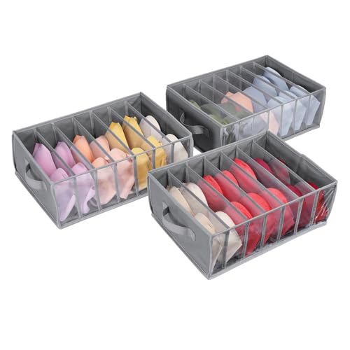 Zilink Upgraded Underwear Drawer Organizer with Support Board, Clear Drawer, 7 Grids Divider, Sock Organizer for Closet, Nursery, Baby Clothes, Bra, Sock, Tie - 3 Pack - color: Grey - For Underwear
