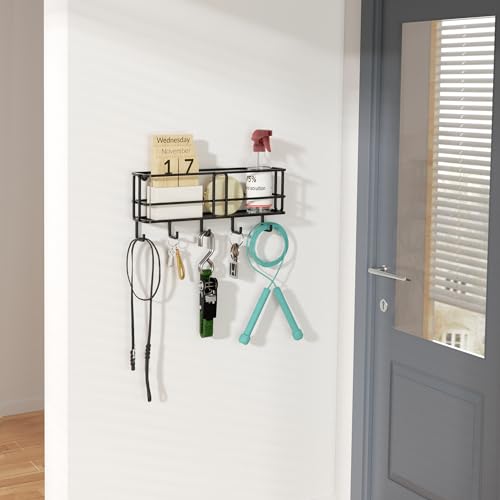 SRIWATANA Key Holder for Wall, Mail Organizer Wall Mount with Metal Storage Basket, Key Holder with 5 Hooks for Entryway, Office, Home Decor, Black - style: Large
