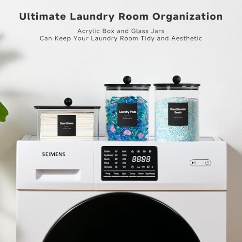 Glass Laundry Pods Container & Acrylic Dryer Sheet Holder with Balck Bamboo Knobs Lids, Scoops & Labels | Premium Laundry Room Organization and Storage for Detergent Pods, Powder, Dryer Balls & Beads - color: Black Cap with handle