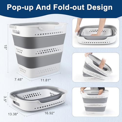 Collapsible Laundry Basket Foldable Pop-Up Laundry Hamper with Comfort Handles Portable Plastic Laundry Storage Basket Organizer Space Saving Dirty Clothes Hamper Container for Home, Dorm (Grey)