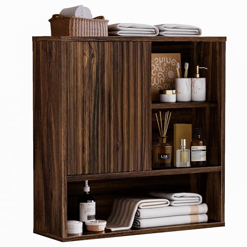 Farmhouse Bathroom Wall Cabinet Fluted,Medicine Cabinet Over The Toilet Storage Cabinet with Adjustable Shelf, Wood Wall Mounted Storage Cabinet Organizer 23.2Wx24Hx7.6D (Dark Walnut, Medium) - color: Dark Walnut, size: Medium