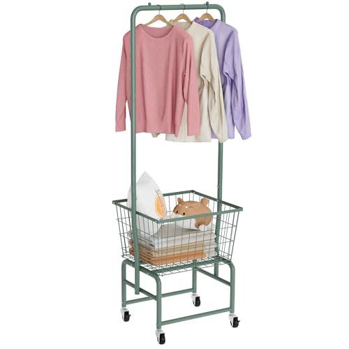 Rolling Laundry Cart with Wheels, Laundry Hamper Basket Organizer with Clothes Hanging Rack, Wire Storage Cloth Shelf Butler, Green - color: Green