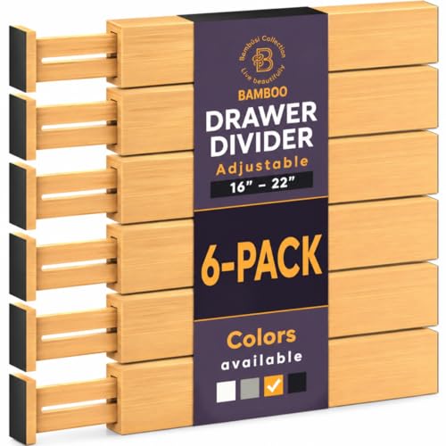 6-Pack Bamboo Drawer Dividers - 2.6 in High, Adjustable 16 to 22 in Expandable Drawer Organizers and Dresser Separators for Clothes, Bedroom, Bathroom, Kitchen, and Office Organization and Storage - color: Bamboo
