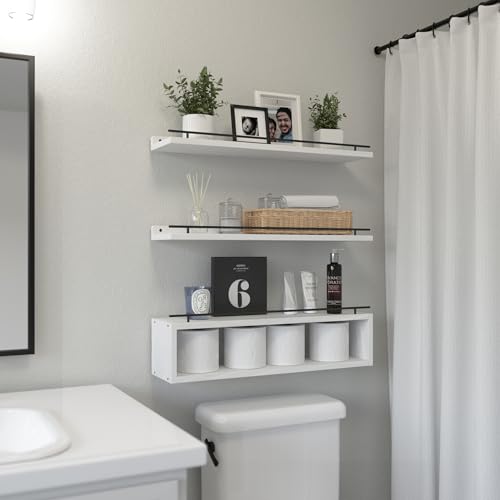 WOPITUES Floating Shelves for Wall 24 inch with Cube Shelf, Wall Shelves with Metal Rail for Bathroom Decor, Bathroom Organizers and Storage, Over Toilet Shelves, Toilet Paper-White - color: White, size: 23.6 inch