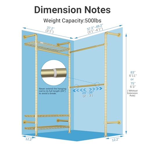Timate L2 Wall Mounted Clothes Rack Industrial Pipe Clothing Rack for Hanging Clothes, Adjustable Expandable Garment Rack Heavy Duty Closet Organizer, Gold Mounted Closets Industrial Closet System - color: Gold