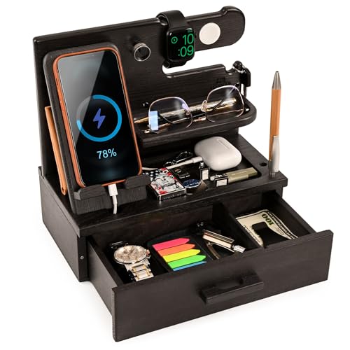TESLYAR Wood Phone Docking Station with Drawer - Nightstand Organizer - Desk Organizer for Husband - Birthday Gifts for Men, Dad, Anniversary Idea, Key Holder Stand Watch & Accessories (Granite Black) - color: Granite Black