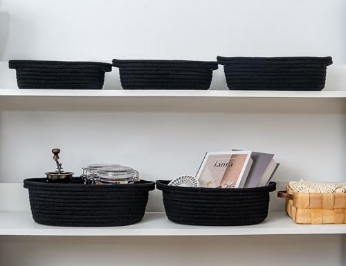 CubesLand Small Cotton Rope Storage Basket Set 5, Shelves Baskets for Organizing with Handle, Decorative Closet Storage Bins for Countertop Toilet Paper Basket for Toilet Tank Top,Black Basket - color: Black
