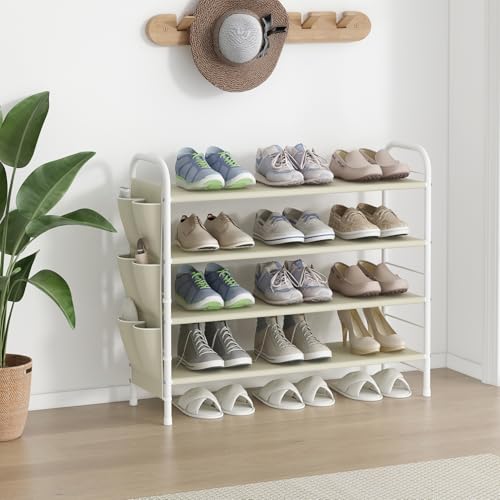 SUOERNUO Shoe Rack Storage Organizer 4 Tier Free Standing Metal Shoe Shelf Compact Shoe Organizer with Side Bag for Entryway Closet Bedroom,Beige - color: Beige, size: 4 Tier