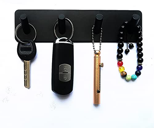 Key Holder for Wall - Adhesive Key Hooks with 4 Hooks, Heavy Duty Stainless Steel, Black, No Screw Holes