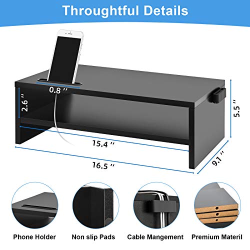 Marbrasse Monitor Stand Riser, 16.5 Inch 2 Tier Computer Printer Shelf Stand for Laptop Computer Screen Storage, Desktop Stand with Phone Holder and Cable Management Black - color: Black
