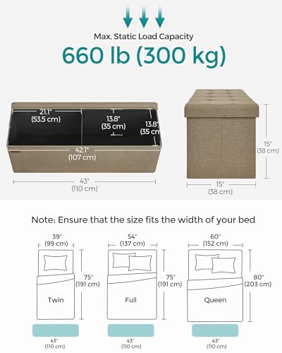 SONGMICS MAZIE Collection - 43 Inches Folding Storage Ottoman Bench, Ottoman Foot Rest, End of Bed Bench, Storage Chest, Load 660 lb, for Living Room, Bedroom, Entryway, Camel Brown ULSF077R01 - color: Camel Brown, size: 15"D x 43"W x 15"H