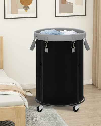 STORAGE MANIAC Rolling Laundry Hamper with Wheels 110L Laundry Basket, Round Laundry Cart with Metal Frame and Removable Bag, Clothes Hamper for Bedroom, Bathroom, Dorm Room, Laundry Room, Black - color: Black