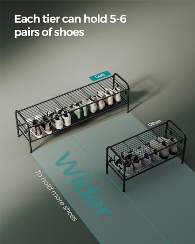 SONGMICS Shoe Rack, 2-Tier Shoe Organizer, Metal Shoe Shelf Storage with 4 Side Hooks, Holds 18 Pairs of Shoes, Height-Adjustable Shoe Rack for Entryway, Hallway, Closet, Ink Black ULMR121B01 - color: Ink Black, size: 2 Tiers (44.9"W)