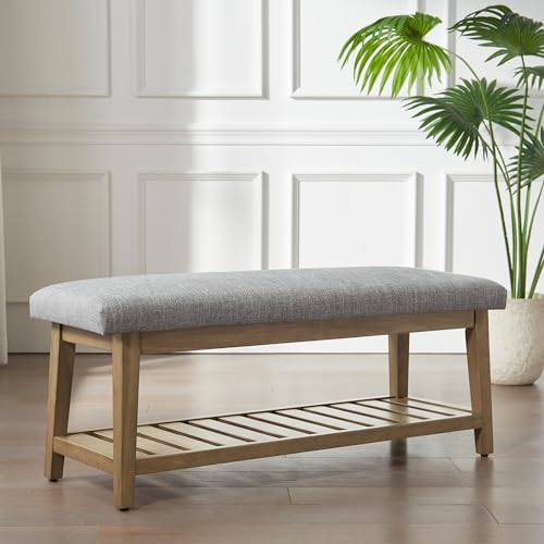Zihanhome Entryway Bench, Chenille Upholstered Shoe Benches for Bedroom, Ottoman Benches with Solid Wood Shelf, Storage Bench for Hallway, Living Room(Grey) - color: Grey