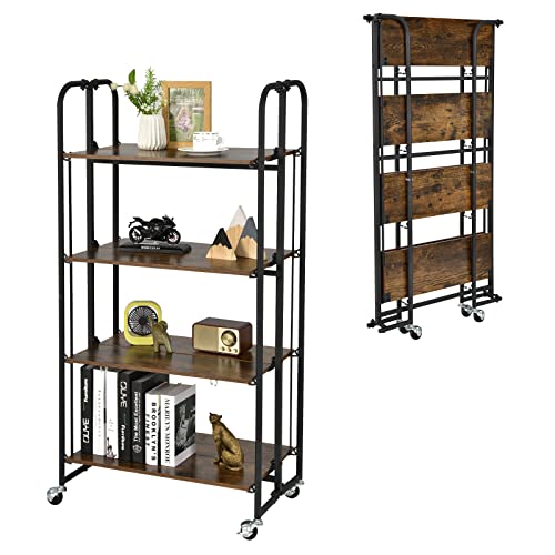 Giantex Foldable Storage Shelves with Wheels, No Assembly 4-Tier Rolling Cart, 2 of The Wheels Have Locks, Microwave Utility Cart Baker Rack, Portable Storage Rack w/Metal Frame, for Kitchen, RV - size: 52'' Tall