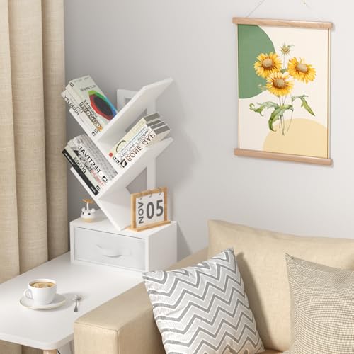 SHEEPAM Small Bookshelf with Drawer,4 Tier Tree Book Shelf,Wood Desk Bookshelves,Modern Free Standing Desktop Display Shelves,White Floor Standing Organizer Bookcase for Living Room,Bedroom,Office - color: Elegant White, size: 4 Tier