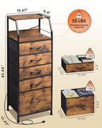 WLIVE LED Nightstand with Charging Station, Fabric Dresser with 5 Drawers for Bedroom, Tall Night Stand with Open Shelves, Bed Side Tables Living Room, Rustic Brown - color: Rustic Brown Wood Grain Print, size: 5 Drawers