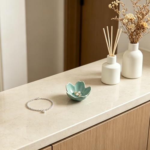Floral Ceramic Jewelry Tray - 3.5" Elegant Ring Holder Dish & Trinket Bowl for Vanity Dresser Decor (cyan) - color: cyan