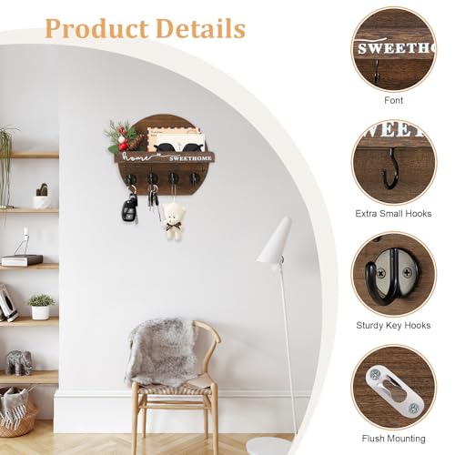 Key Holder for Wall, Key and Mail Holder Organizer - Key Holder Wall Mount with Bouquet Shelf and Key Hooks, Round Wooden Rustic Key Rack for Entryway and Home Decor (Brown) - color: Brown