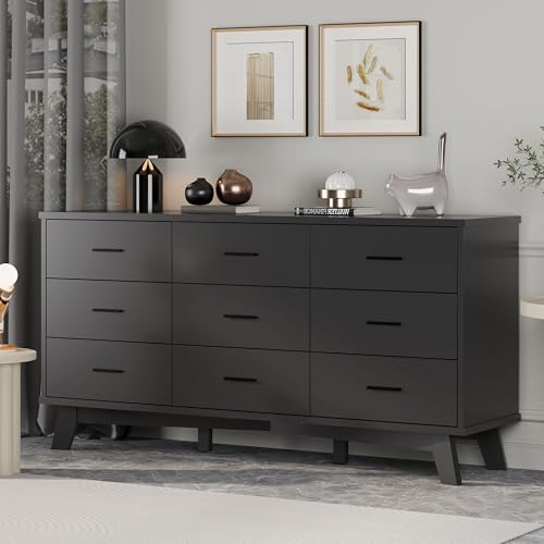 Xixini Dresser for Bedroom, Wide Wood 9 Drawer Modern Chest of Drawers with X-Shaped Sturdy Base, Double Dresser Closet Clothes Storage Organizer, Wooden TV Stand for Living Room, Hallway, Black - color: Black, size: 15.6"D x 59.1"W x 29.5"H (9 Drawers)