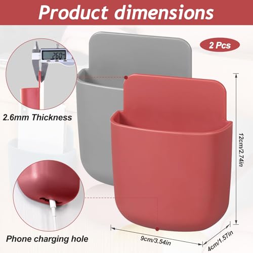 Remote Control Holder, Wall Mount Pen Holder Hole-Free Self Adhesive Phone Charging Organizer Pencil Storage Containers for Home Office School Supply Orgaizer(Red,Grey,2Pcs) - color: Red,Grey,2Pcs