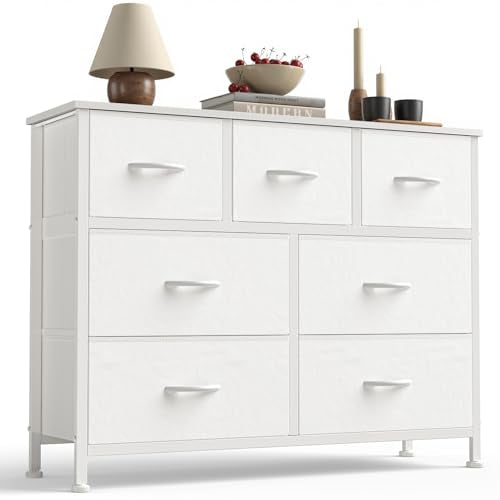 Sweetcrispy 7 Drawer Dresser with Fabric Bins Fabric Storage Tower Organizer for Bedroom Closet Hallway Entryway Tall Chest of Drawers with Steel Frame Wood Top Easy Pull Handles,White - color: White, size: 11.8"D x 39.3"W x 30.3"H (7 Drawers)